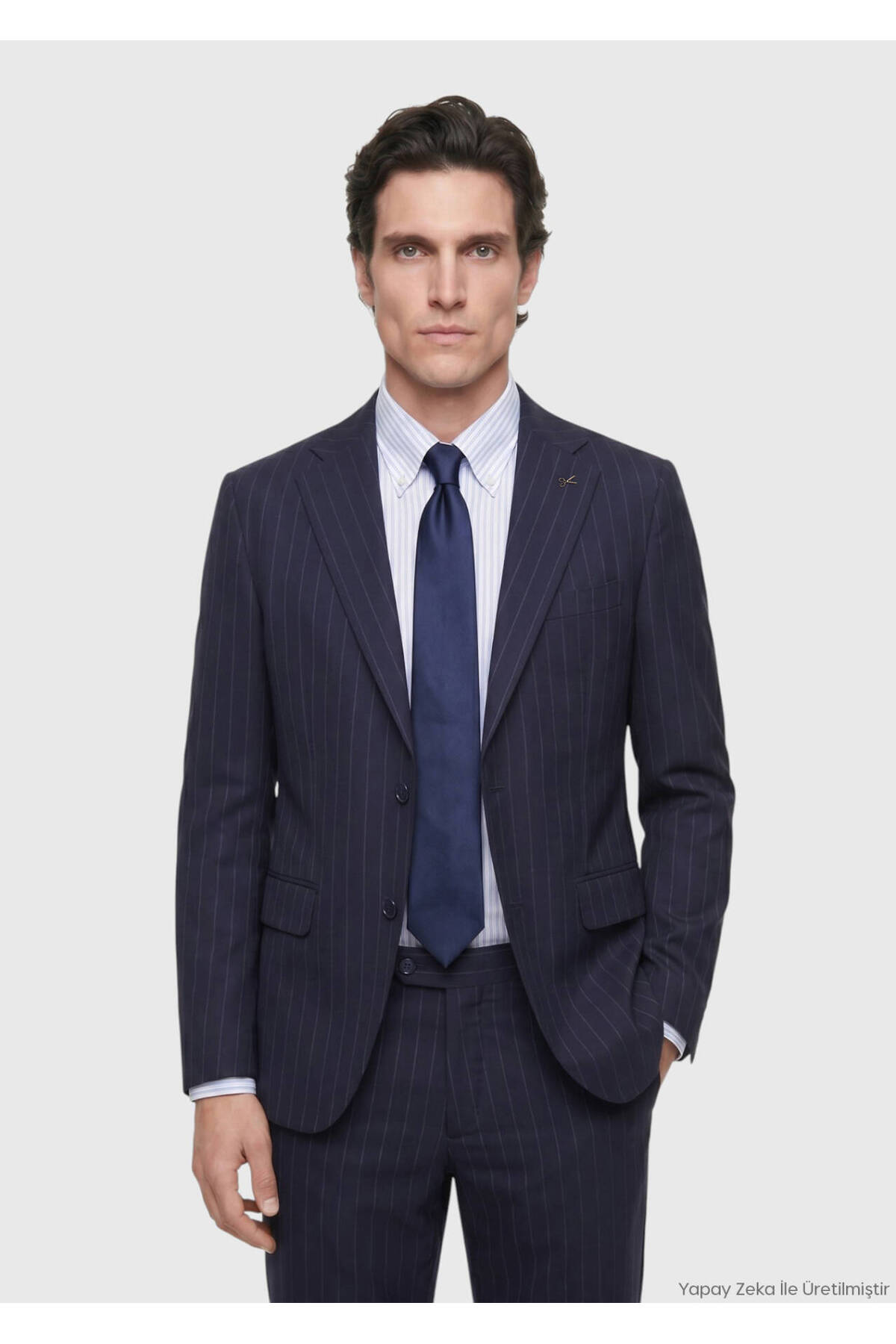 Ramsey Lacivert Çizgili Zeroweight Slim Fit %100 Yün Takım Elbise görsel 2