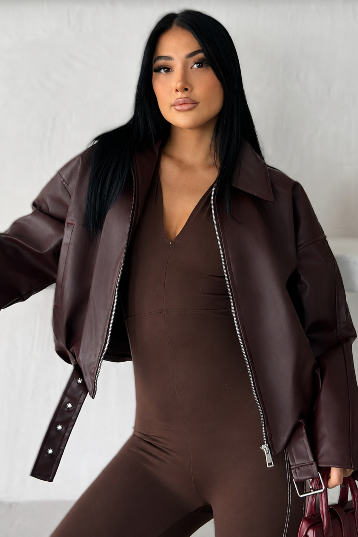 moda armanc Kadın Oversize Bomber Suni Deri Ceket | Yeni Sezon Kemerli Biker Ceket görsel 8