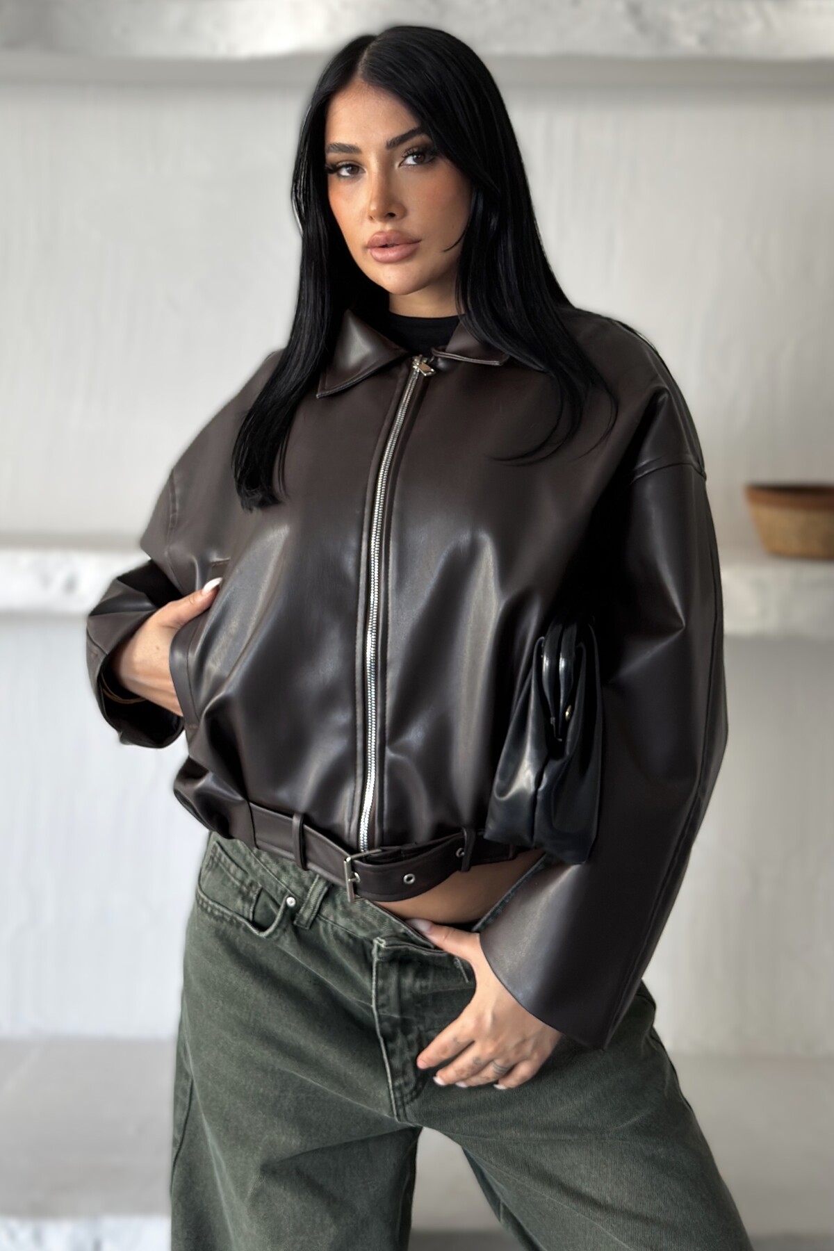moda armanc Kadın Oversize Bomber Suni Deri Ceket | Yeni Sezon Kemerli Biker Ceket görsel 6