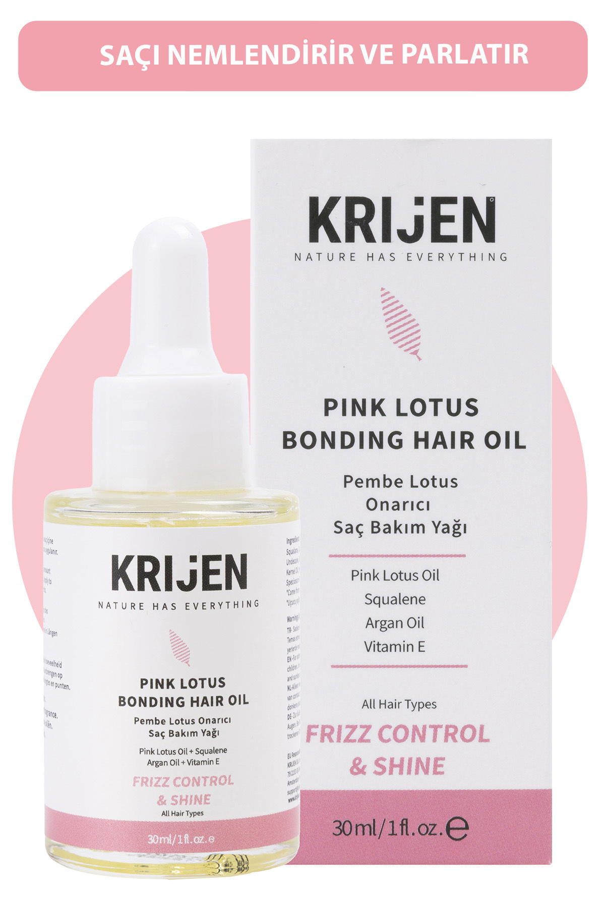 Krijen Pembe Lotus Besleyici Saç Bakım Yağı | Anti-Frizz & Parlak Görünüm 30 ml — PLOTUS