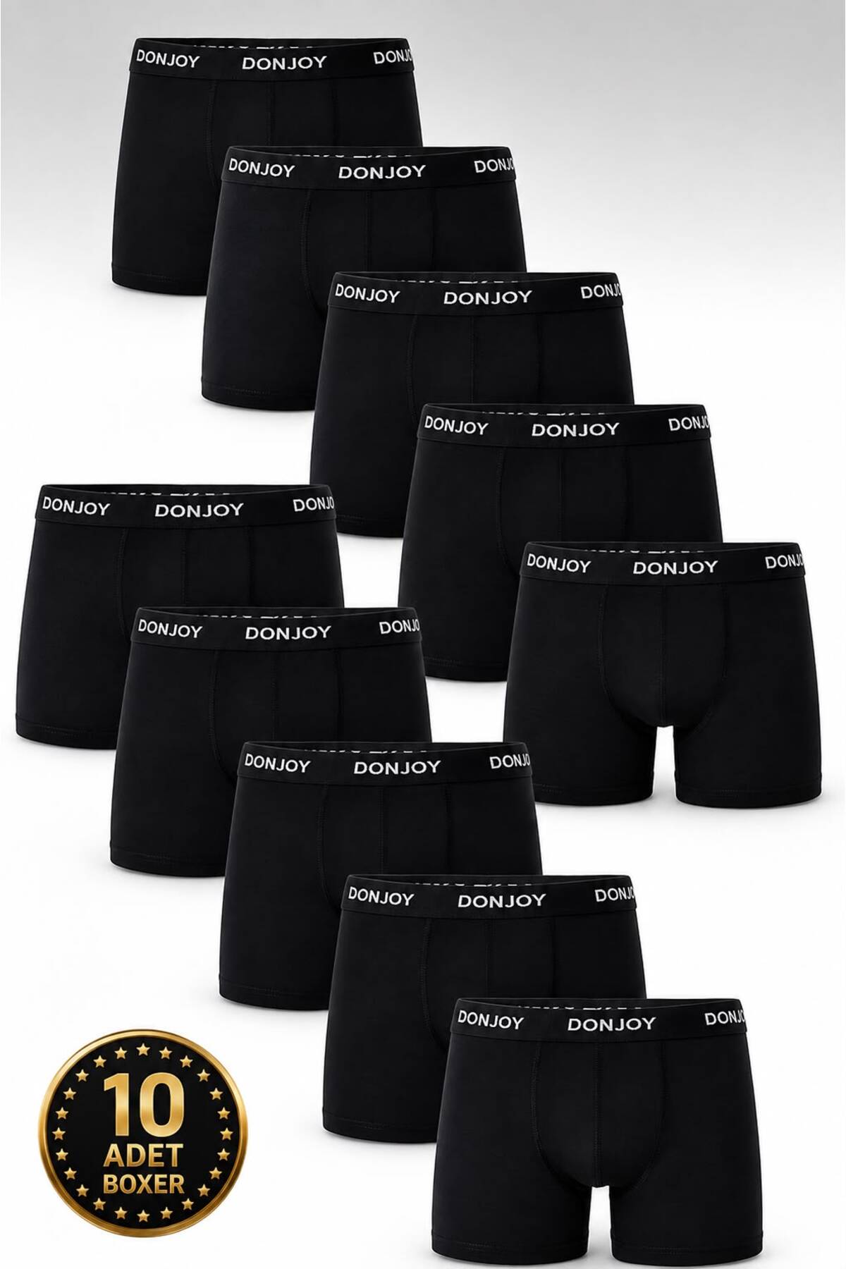 don joy Erkek 10'lu Pamuklu Likralı Penye Beli Lastikli Siyah Boxer