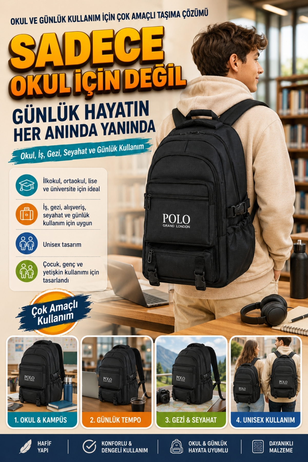 POLOGRAND London Orijinal Unisex Ortopedik Sırt Destekli Geniş Hacimli Çok Gözlü Ayarlanabilir Askılı Laptop Bölmeli Astarlı İlkokul Ortaokul Lise Üniversite İçin Öğrenci Yetişkin Çocuk Genç Büyük Siyah Okul Çantası görsel 8