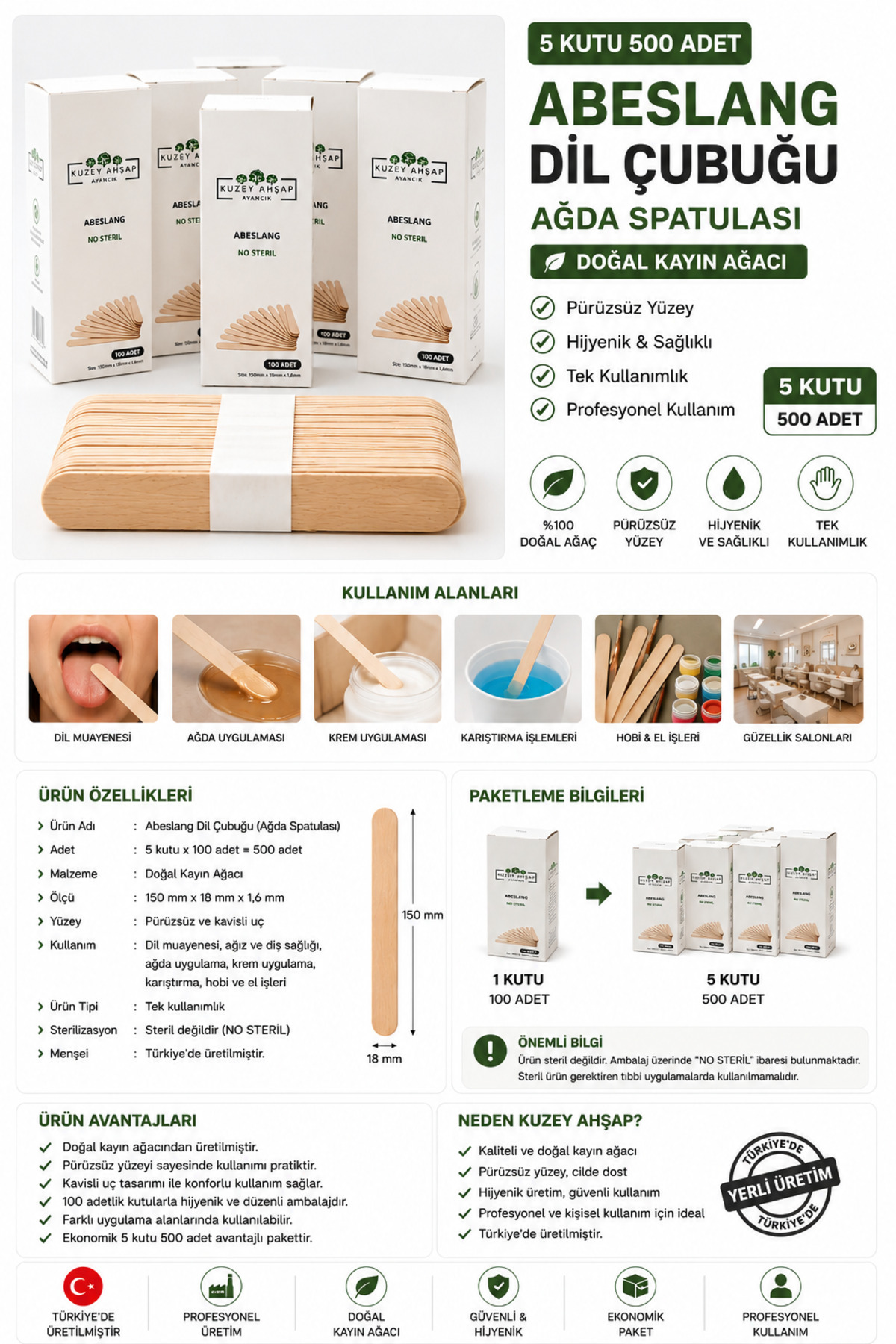 Kuzey Ahşap Ayancık 100’lü Abeslang Dil Çubuğu - Ağda Spatulası x 5 Kutu 500 — 00KUZEY103