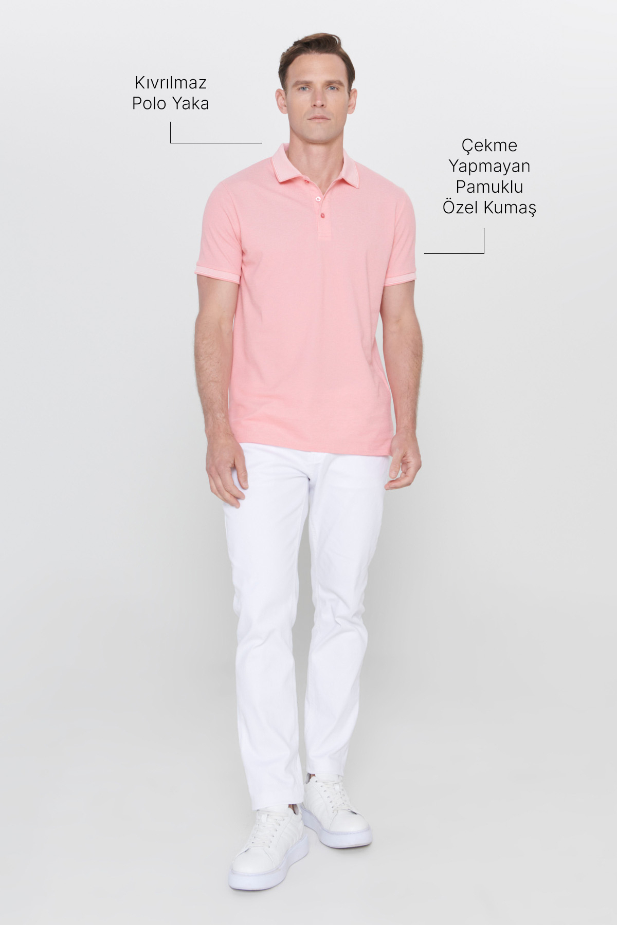 AC&Co / Altınyıldız Classics Erkek Çekmeyen Pamuklu Kumaş Slim Fit Dar Kesim Pembe-Beyaz Kıvrılmaz Polo Yaka Tişört görsel 7