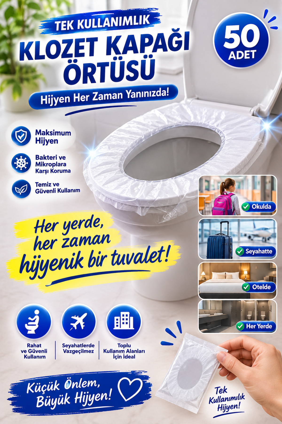 TOYFEST Hijyenik Tek Kullanımlık Klozet Kapağı Poşeti 50 Adet Seyahat Tipi Tuvalet Koruyucu Örtü