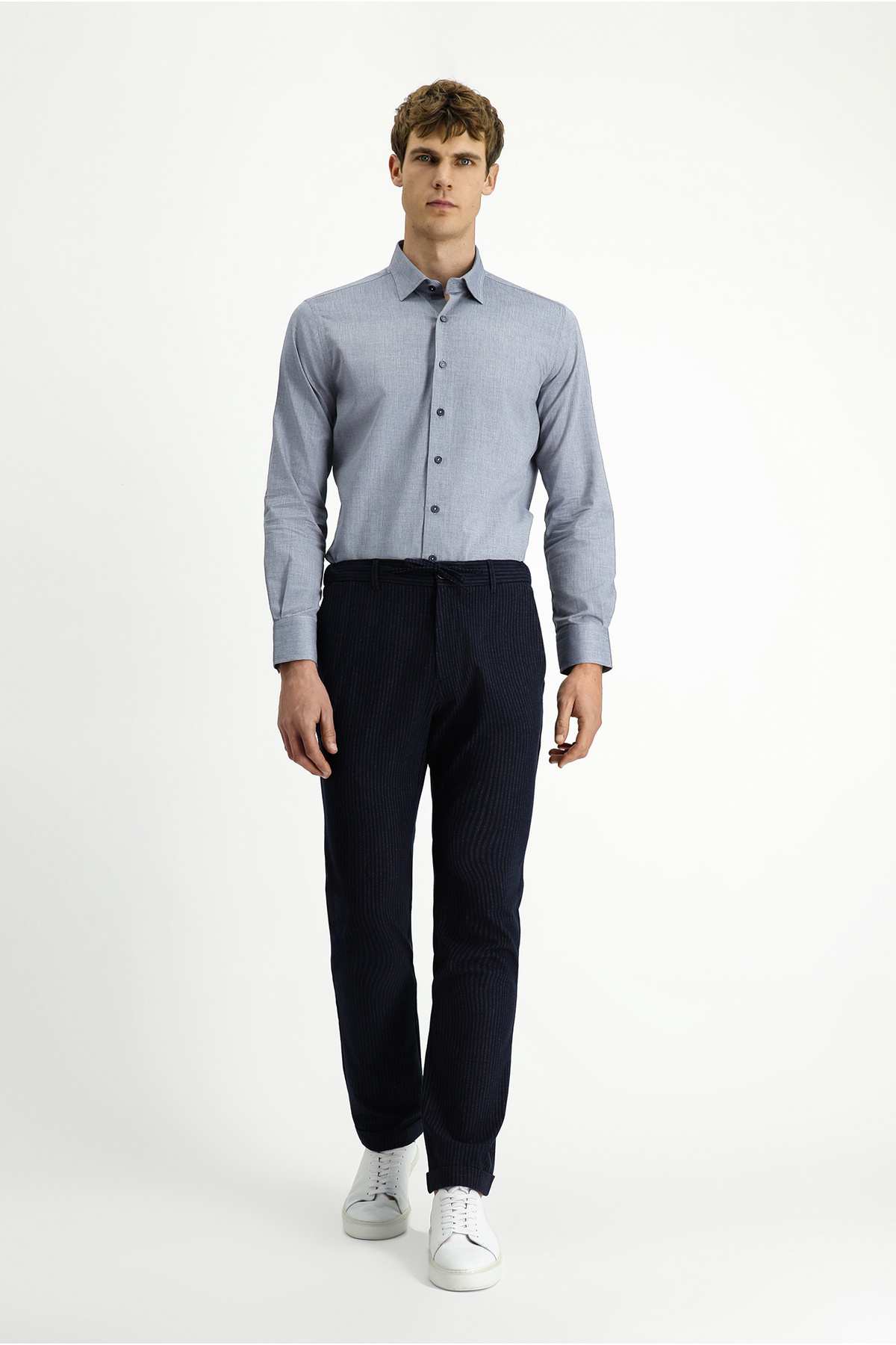 Uzun Kol Slim Fit Armürlü Pamuk Gömlek — سرمه‌ای KK26400000002 — تصویر 3 از 7