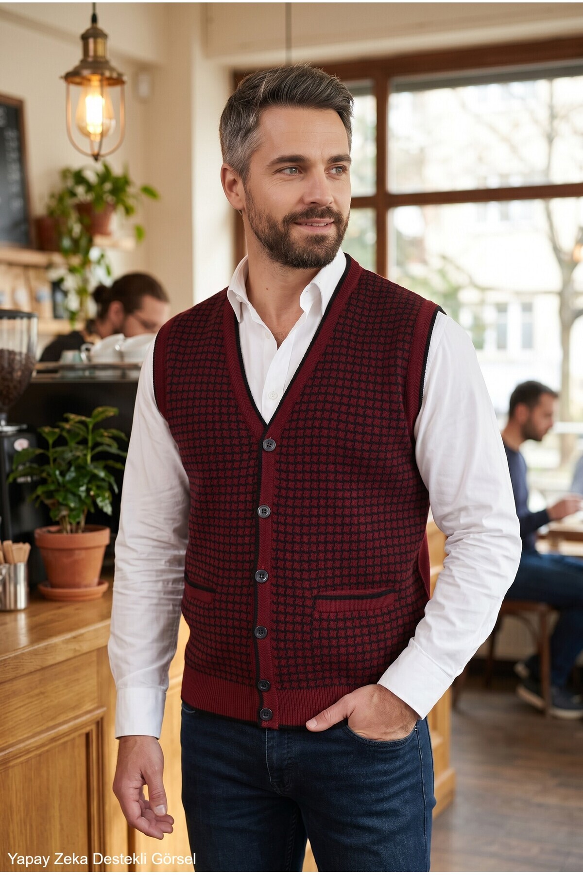 Erkek Bordo Tüylenme Yapmayan Anti Pilling Kumaş Standart Fit Cepli Kışlık Kazayağı Triko Yelek