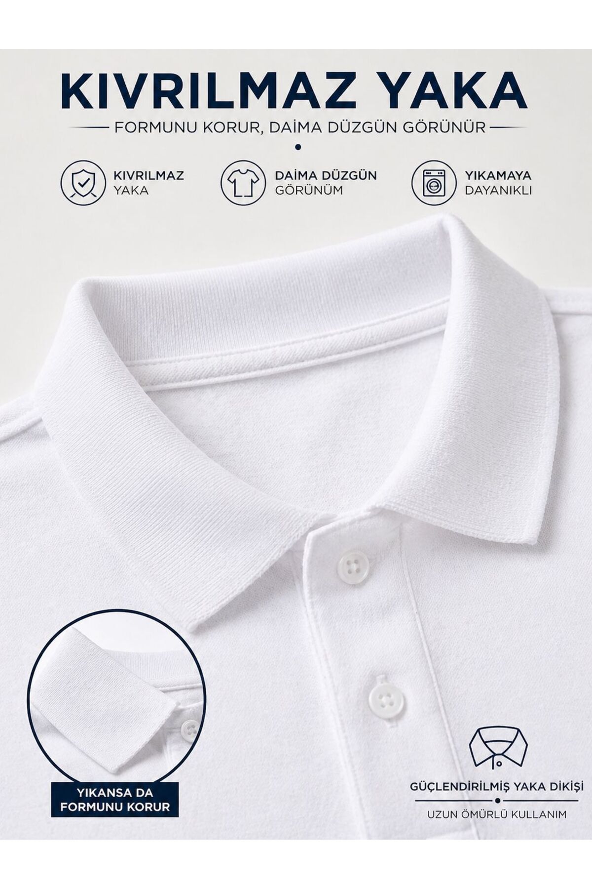 %100 Pamuk Polo Kıvrılmaz Yaka Okul T-Shirt Nefes Alan Kumaş