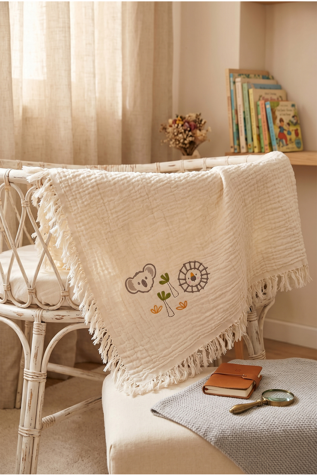 100% Cotton 4-Tier Muslin Baby Blanket - Embroidered - 100x110 cm