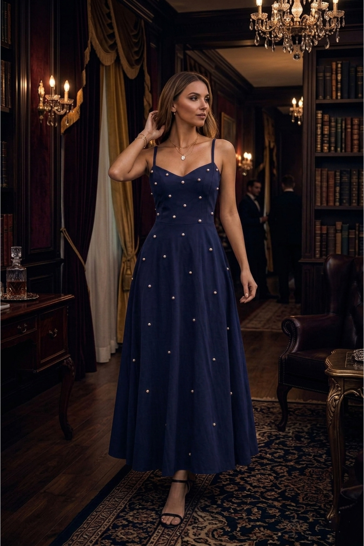 Women's V-Neck Pearl Detailed Long Crepe Evening Dress with Rope Strap, Special Day, Wedding-Invitations, For Graduation