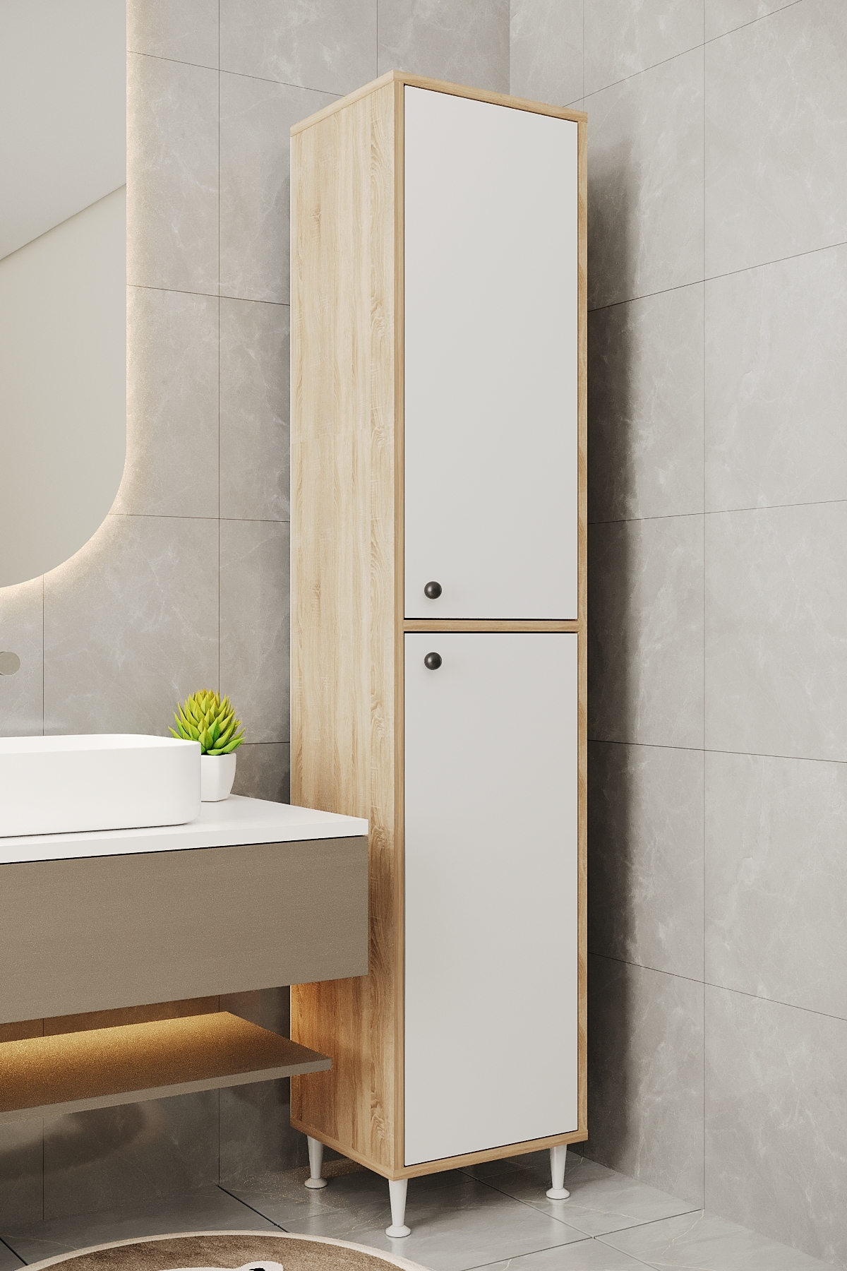 AE-2027 Lina Sonomo/White 2 Door Multipurpose Cabinet 40x180 cm Narrow Height Bathroom Multi-Bay Storage Cabinet with Shelf