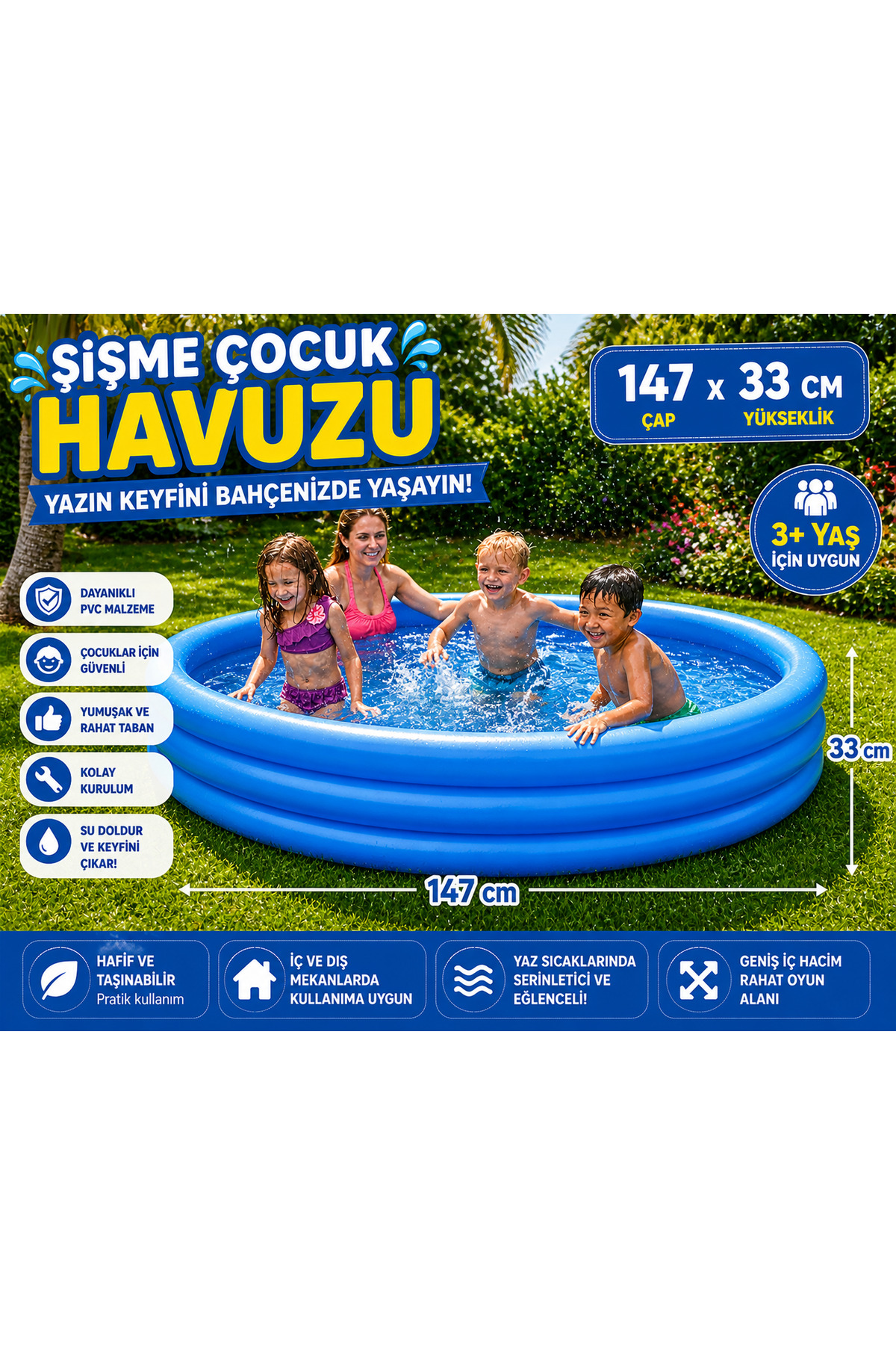 TOTTERİQ 147x33 cm Şişme Çocuk Havuzud | Yuvarlak Bahçe Havuzu