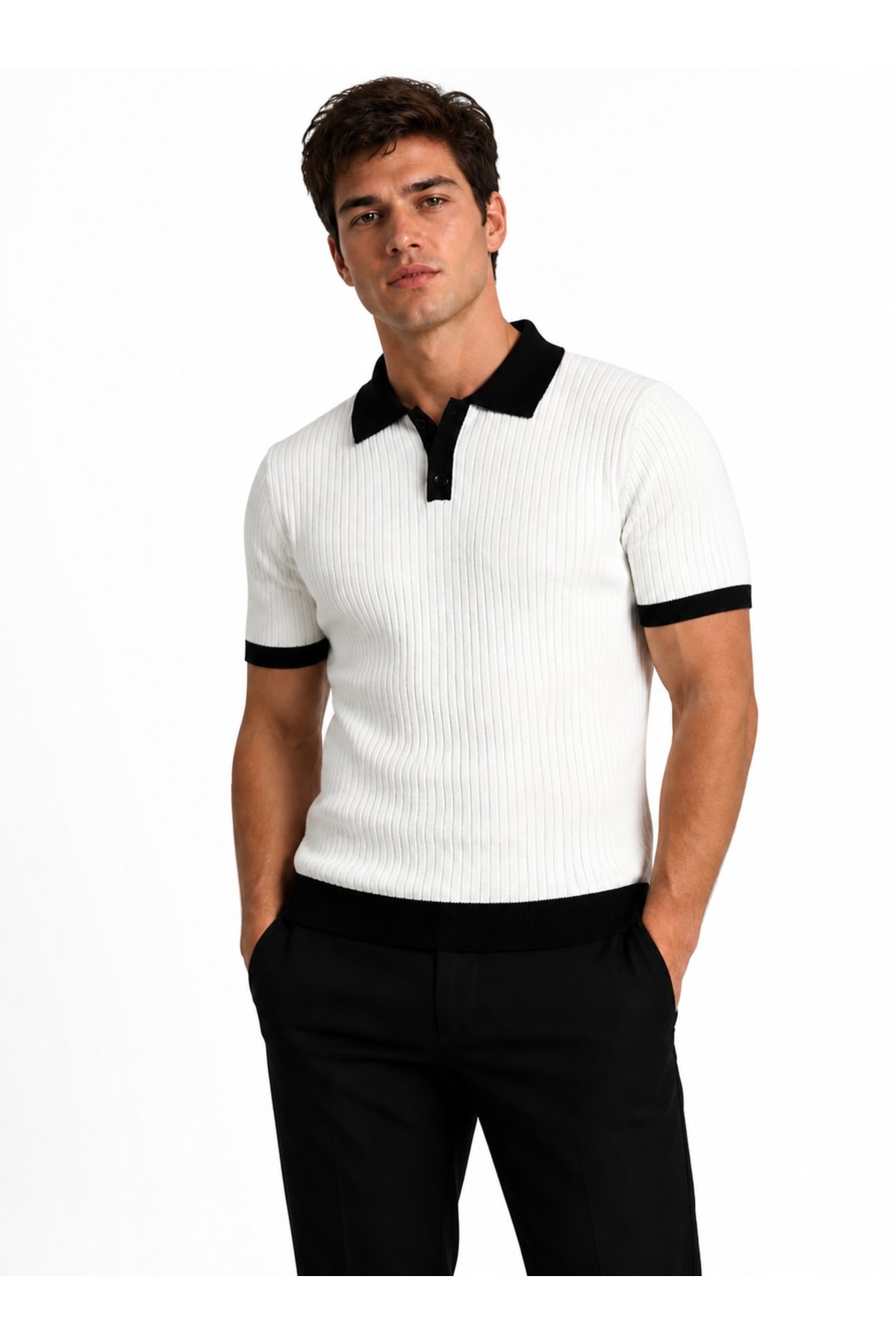 ModaAzen White Polo Collar Buttoned Short Sleeve Men's T-Shirt