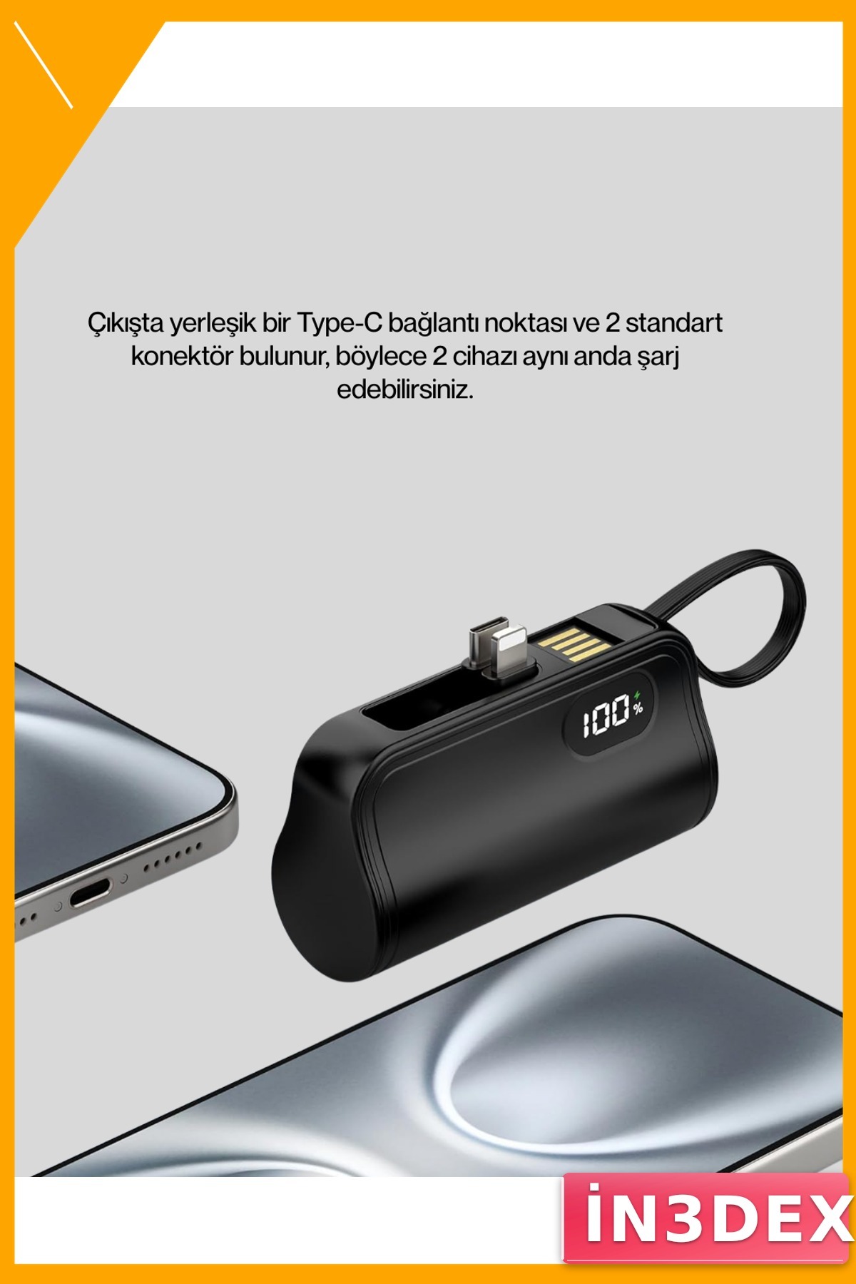 2000mAh Dahili Konektörlü Mini Powerbank PD 20W Hızlı Şarj