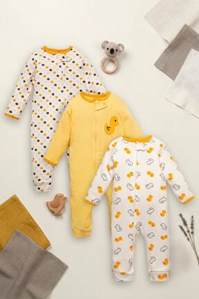 Mielco %100 Pamuk Unisex Bebek 3'lü Patiksiz Tulum Seti Civciv Desenli