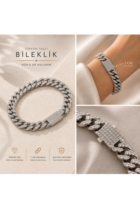 ADELYA CONCEPT Zirkon Taşlı Gümüş Renk Kalın Zincir Bileklik