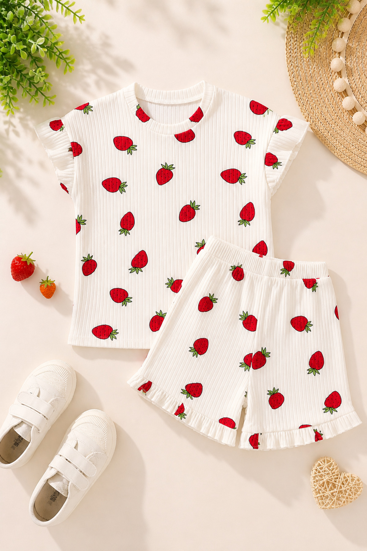 Girls Strawberry Patterned Shorts Set – Summer Cotton T-Shirt Shorts 2pcs Casual Daily Combination