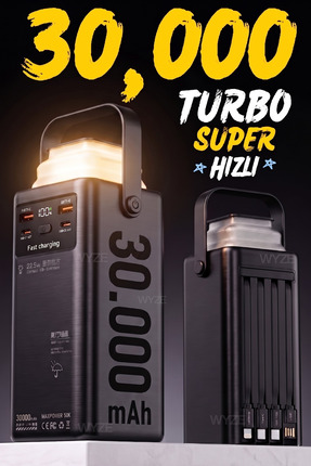 Wyze 30.000 mAh 22,5W/PD Hızlı Şarj Kendinden Kablolu ve Şarj Göstergeli Taşı...