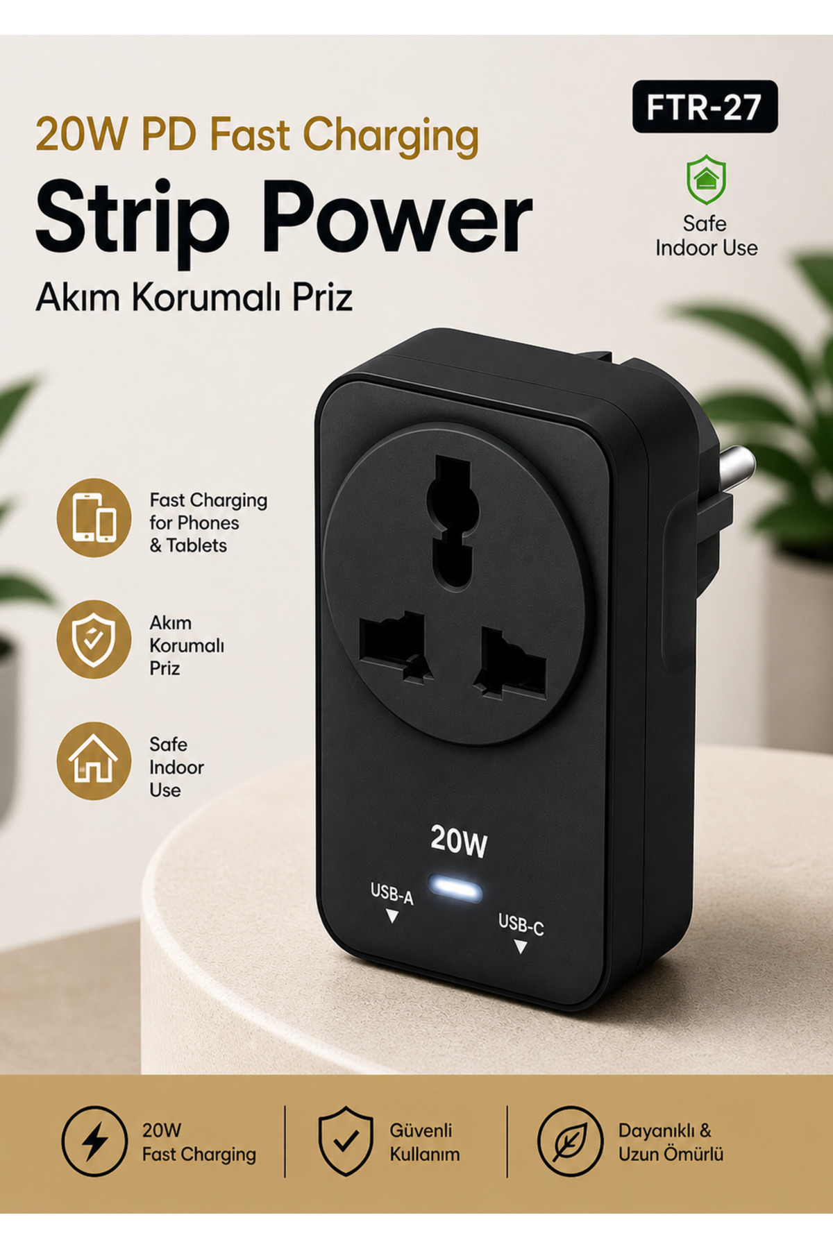 MO DOU 20W PD Hızlı Şarjlı Akım Korumalı Priz USB-A USB-C