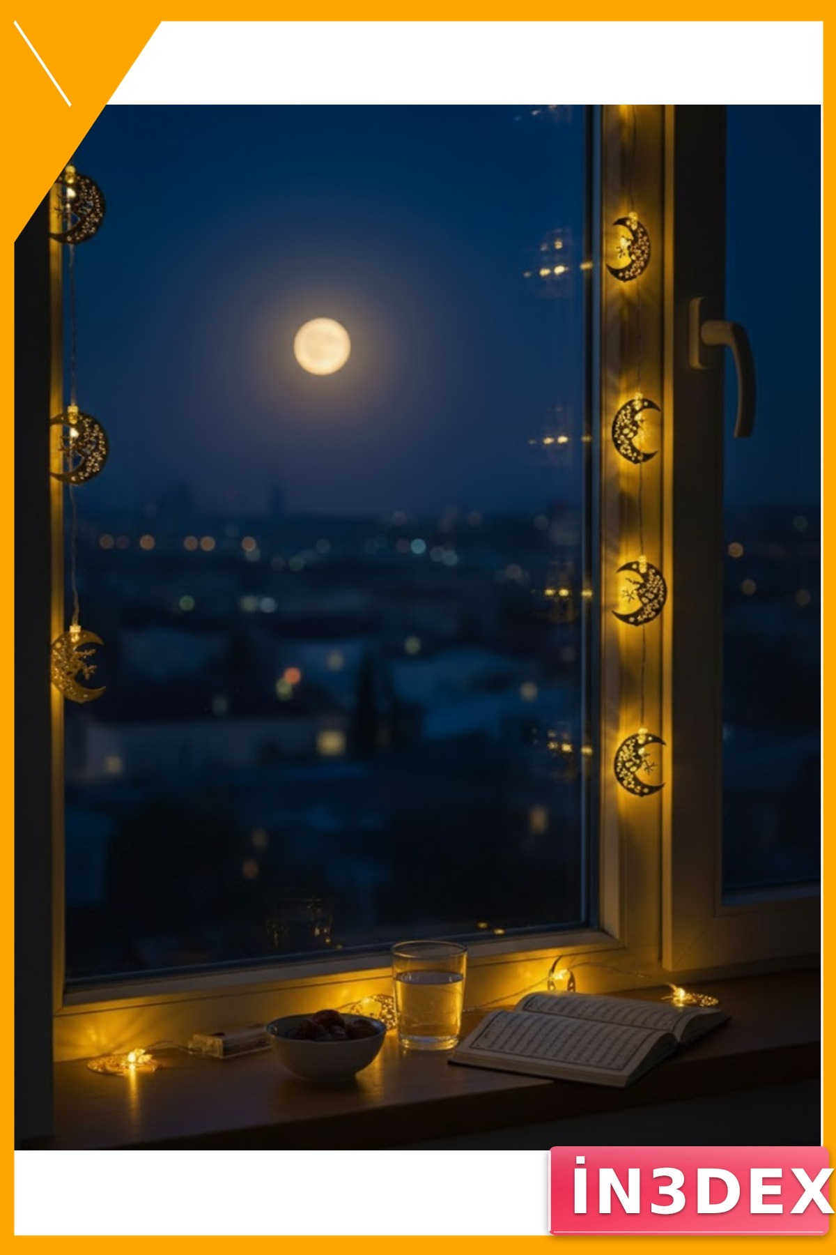 Metal Minare Detaylı Hilal LED Işık Günışığı Sarı Ramazan Süsü