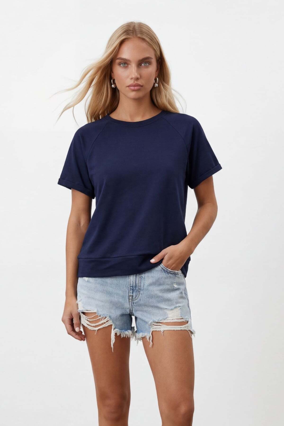 Navy Blue Crew Neck Raglan Sleeve OversizeT-ShirtAlc-X15492
