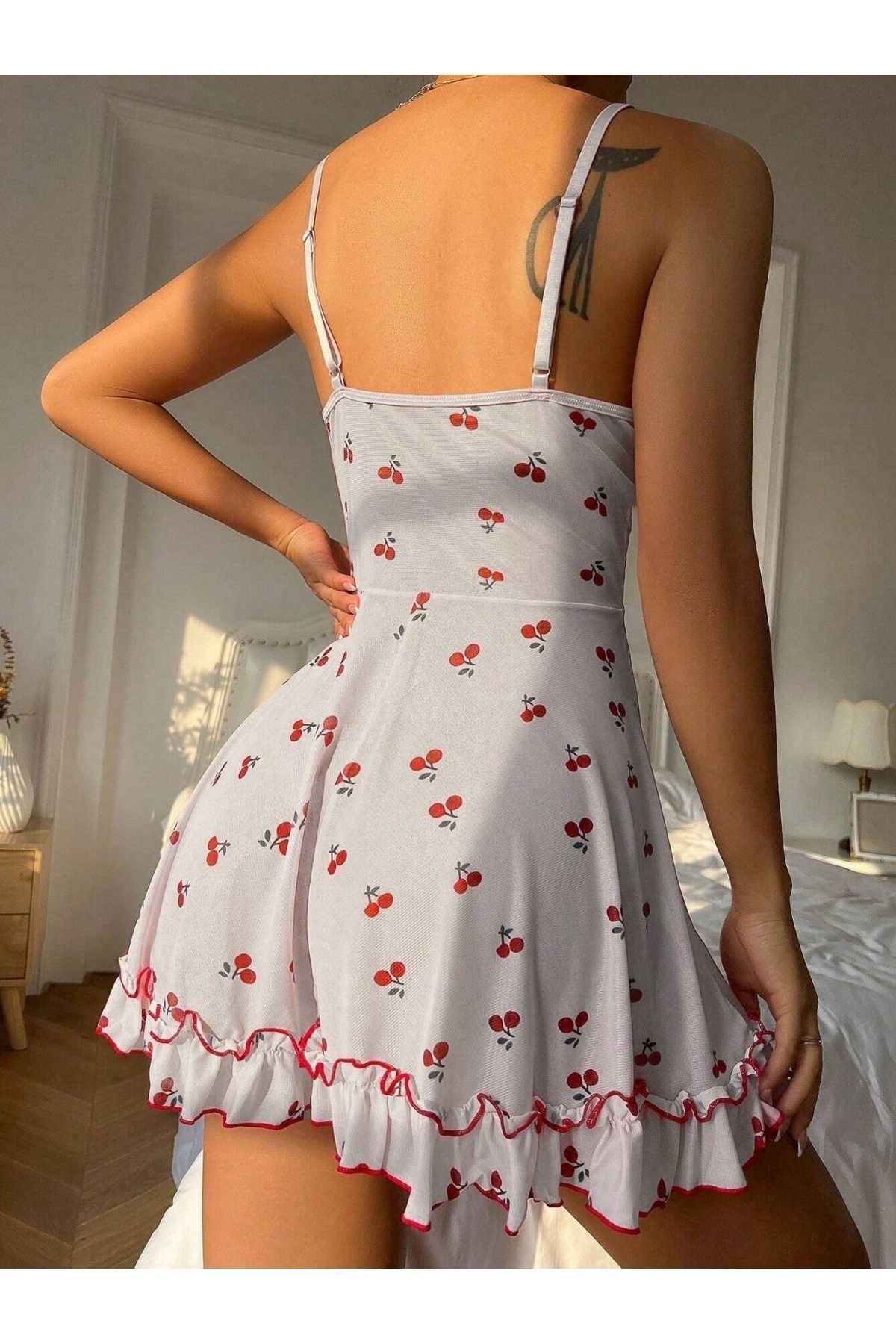 JUBELS Romantik Beyaz Kiraz Baskılı Askılı Tanga Ve Gecelik görsel 5