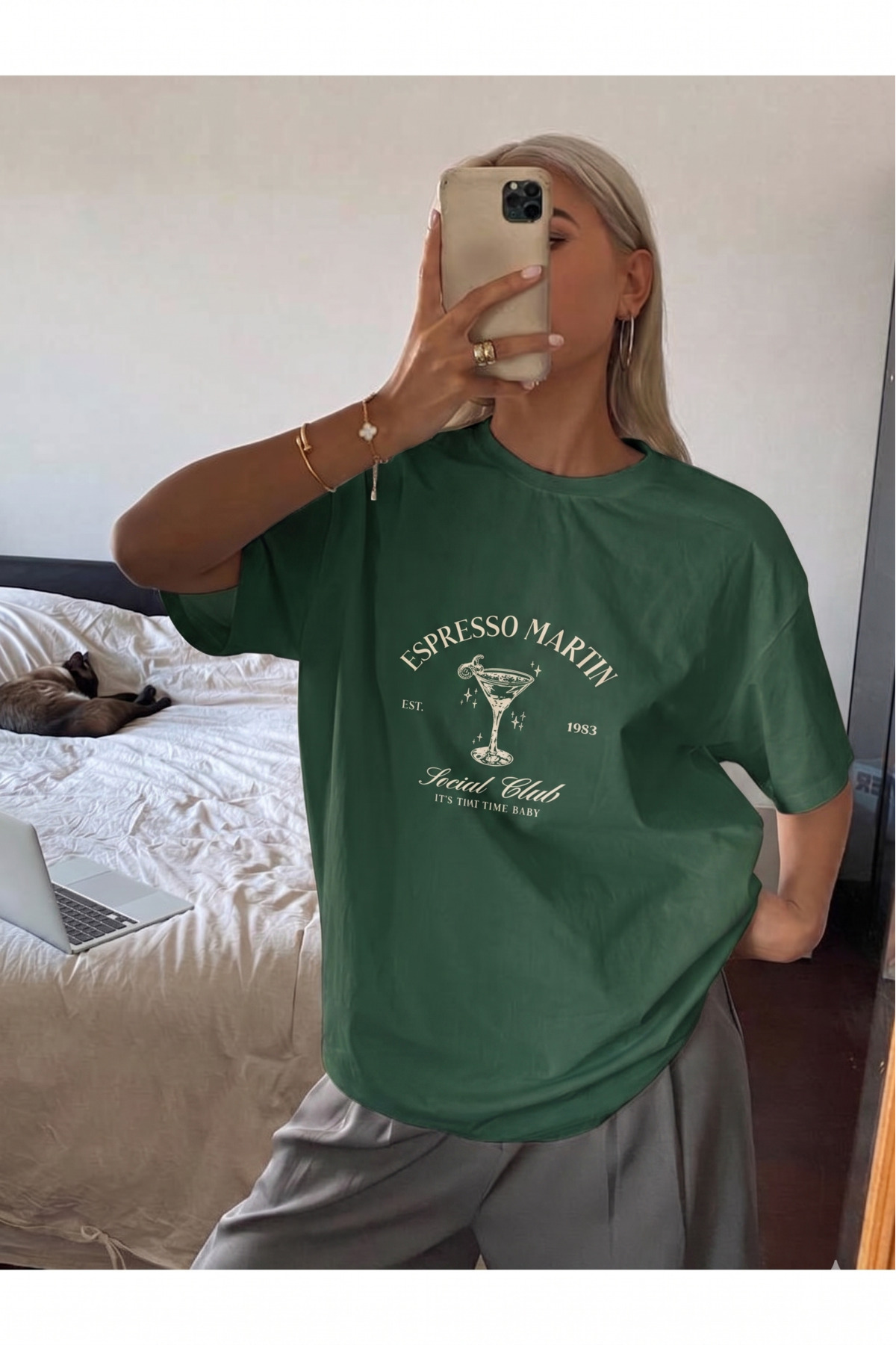 Women's NAPHTHA GREEN Espresso Martin printed T-shirt- Crew neck