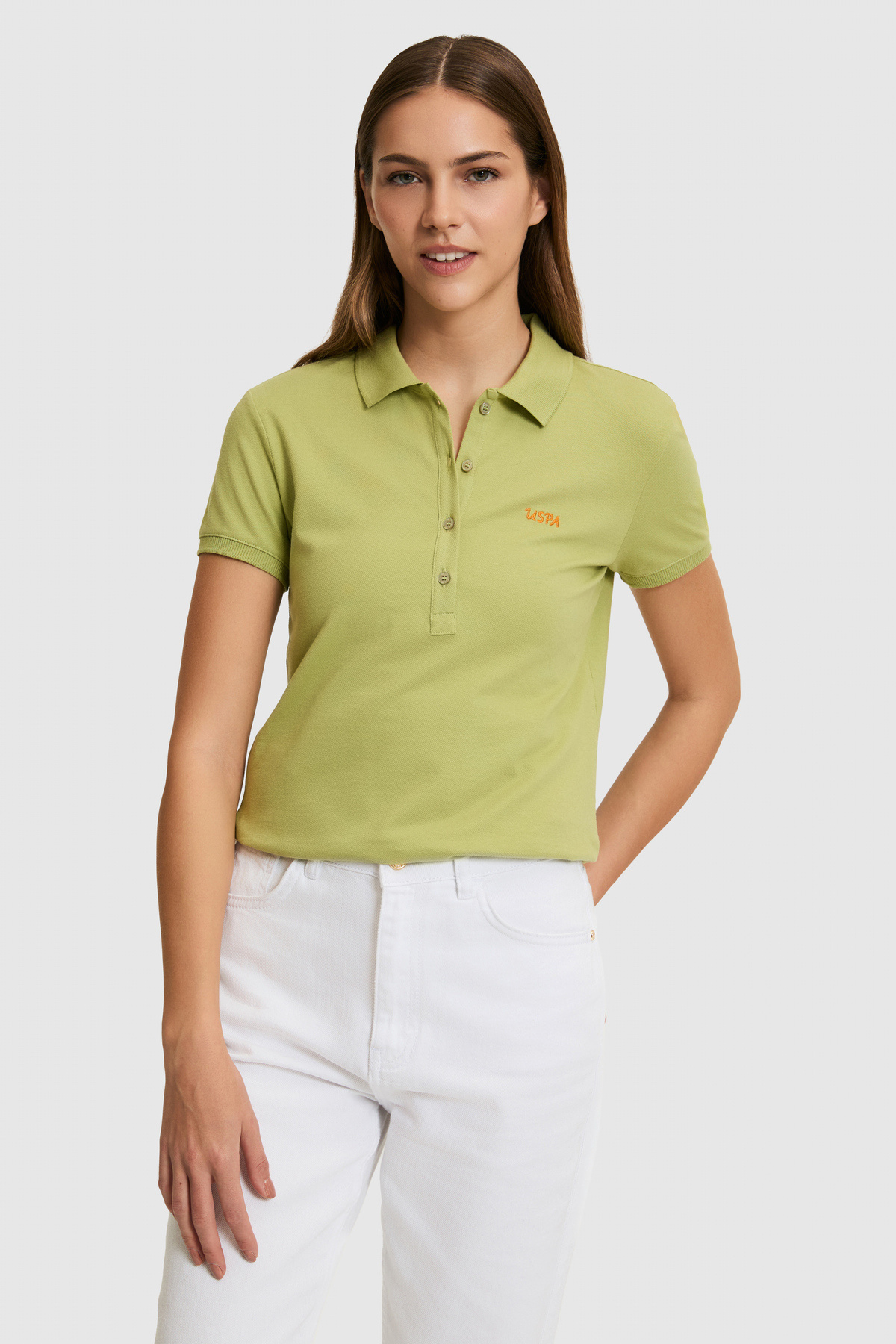 U.S. Polo Assn. Tricou de bază verde cu guler polo pentru femei 50323461-VR016