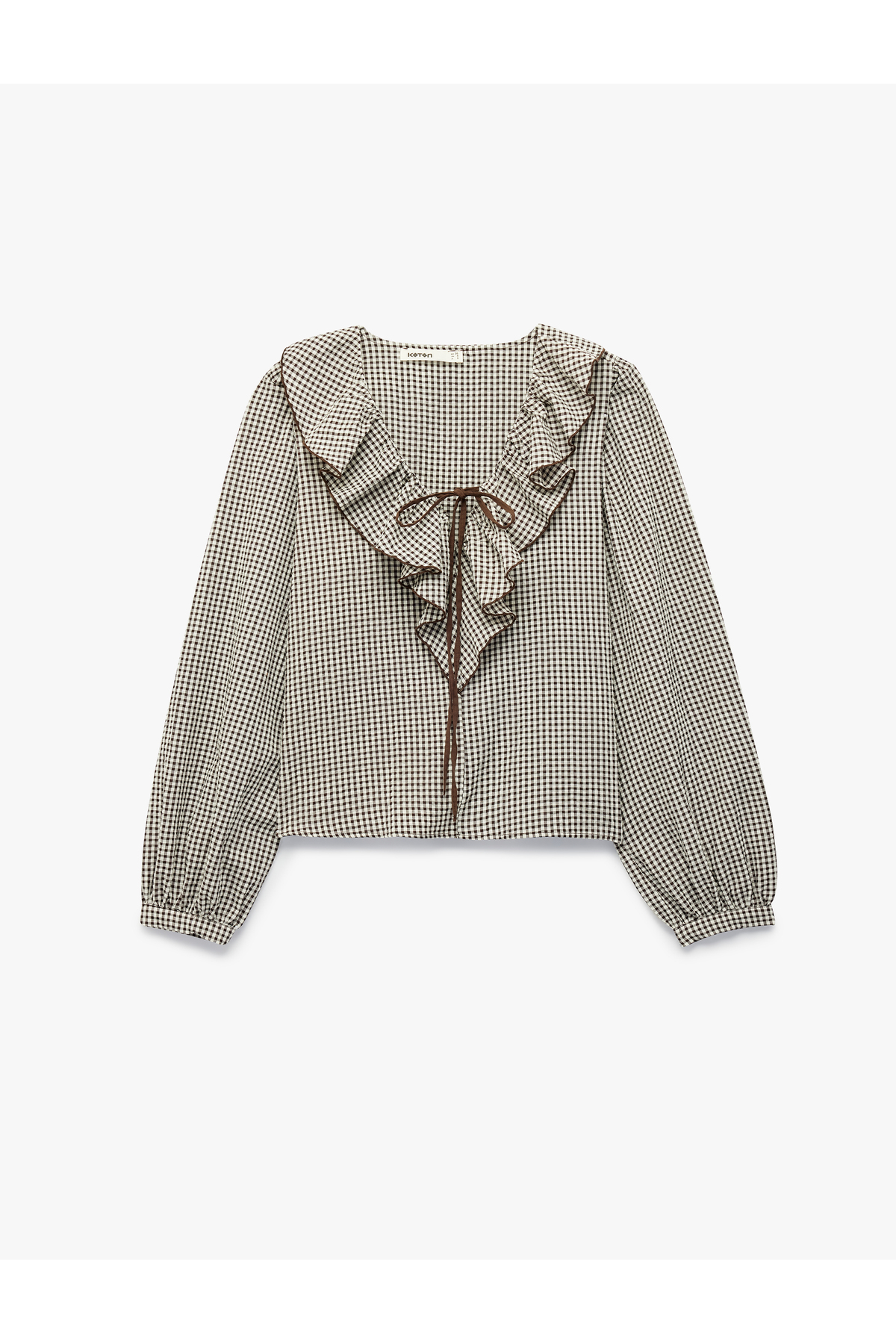 Koton Cotton Long Sleeve Tie-Dye Detailed Gingham Ruffled Baby Collar Blouse