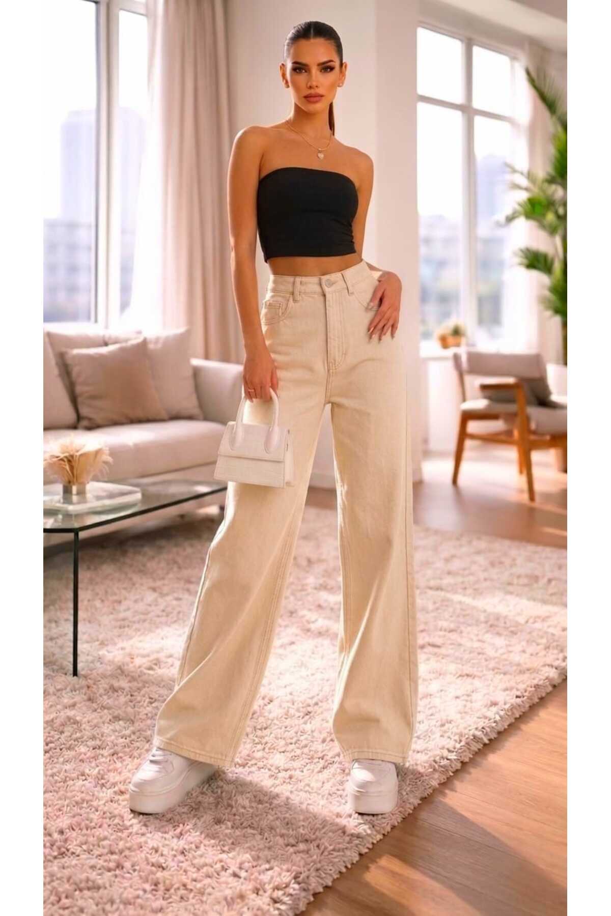 Layka Women's Beige Lycra Super High Waist Loose Leg Denim Palazzo Pants
