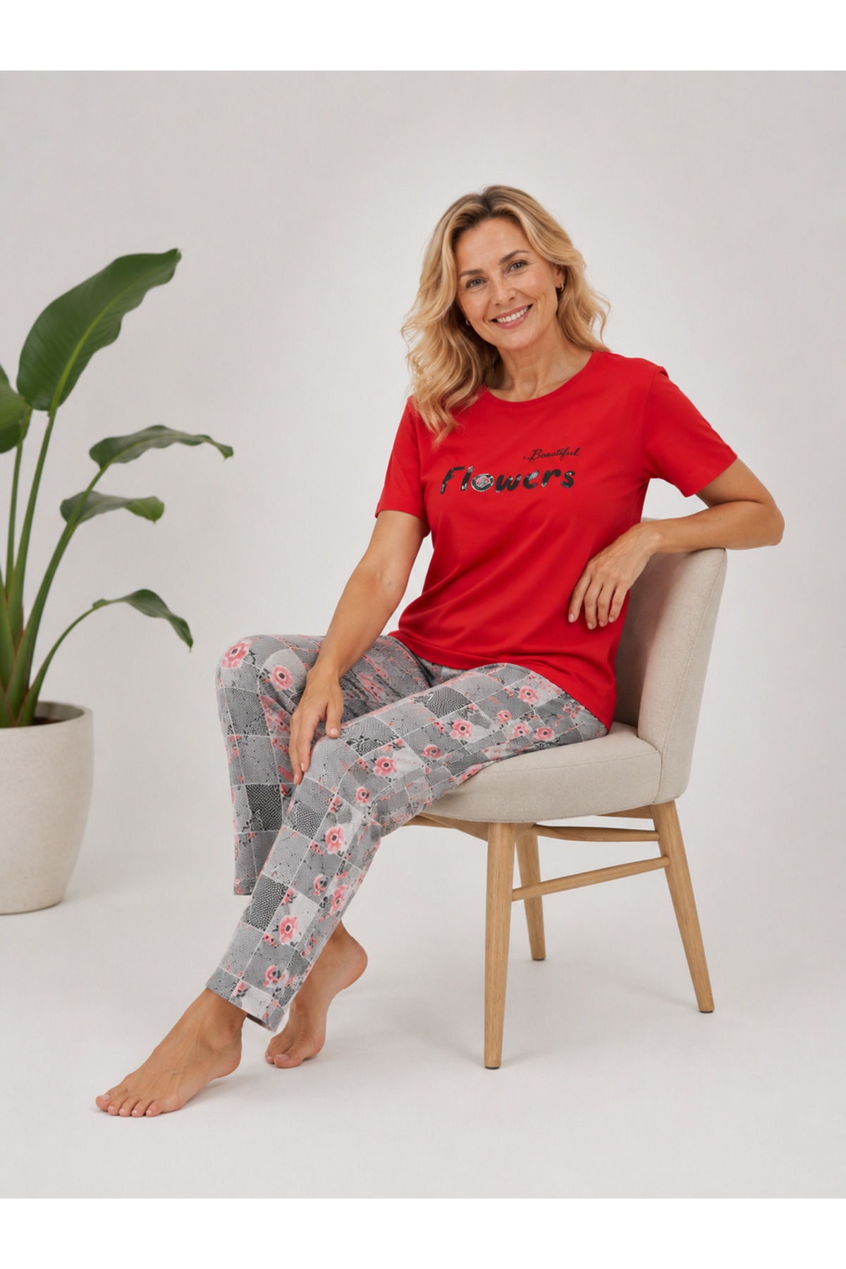fameshomewear Women's O-Neck Flowers Printed Single Jersey Mother's Pajama Set