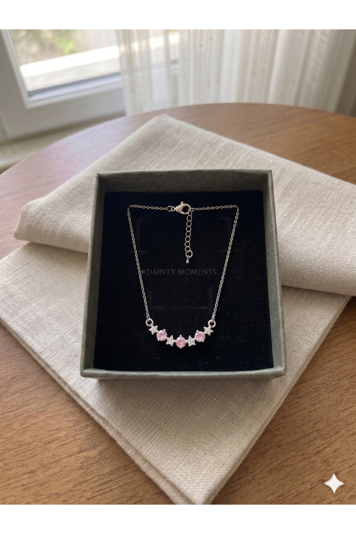 Gümüş Rengi Pembe Zirkon Taşlı Sıralı Yıldız Çelik Kolye 3