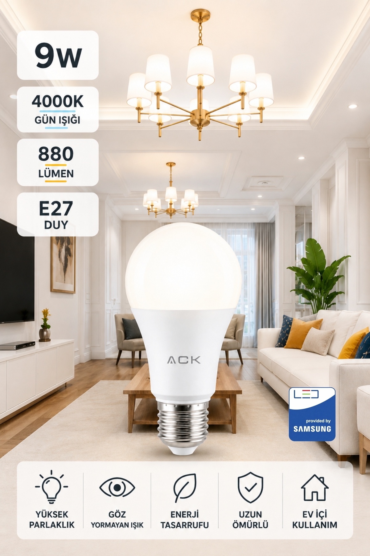 ACK 9W LED Bulb 4000 Kelvin Daylight E27 880 Lumen Saving