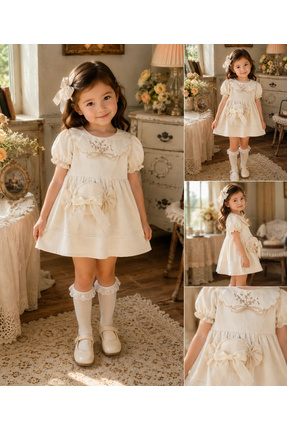 My Lusa baby wear Lumeya %100 Pamuklu Çanta Detaylı Vintage Kız Çocuk Elbise