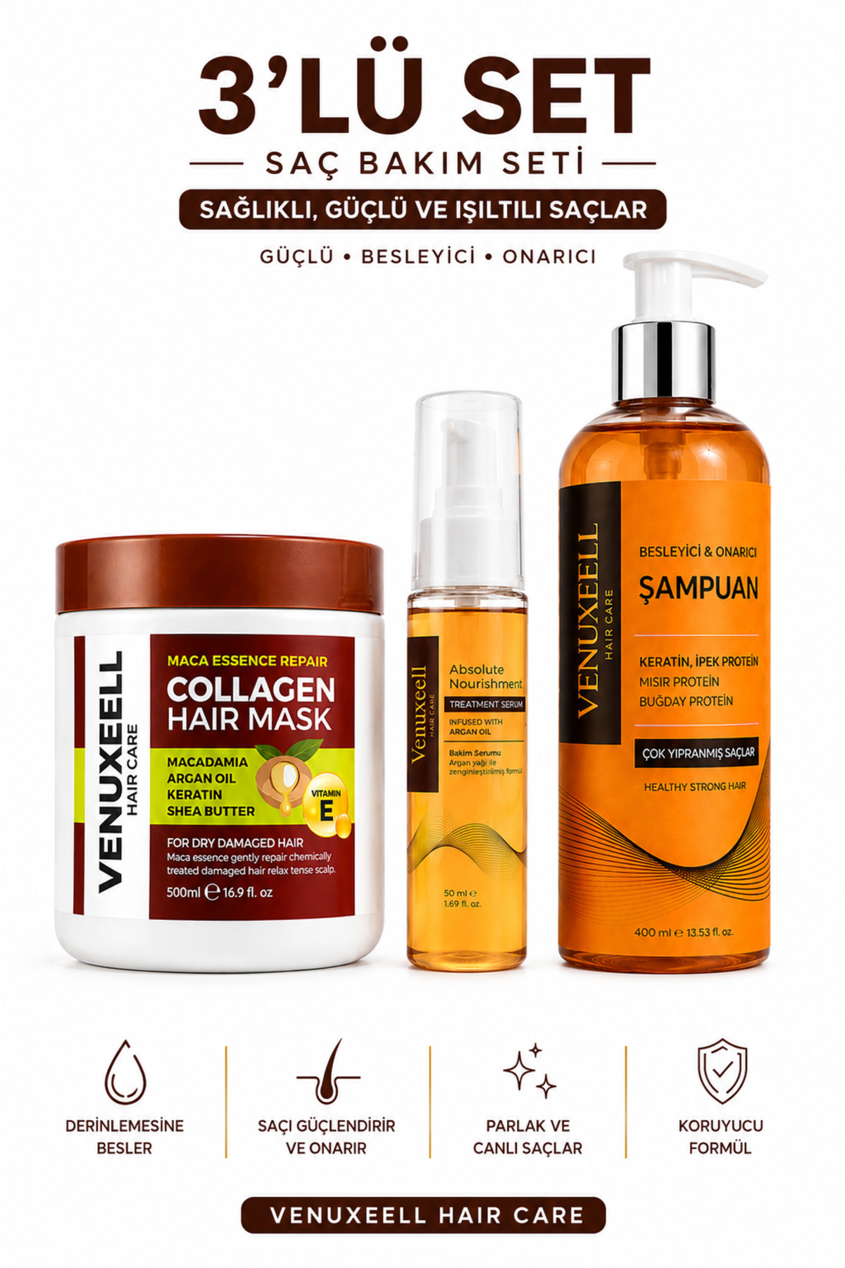 Venuxeell 3’lü Saç Bakım Seti Kolajen Saç Maskesi + Argan Yağlı Saç Serumu + Keratin Onarıcı Şampuan karsel — beyaz 3lü set