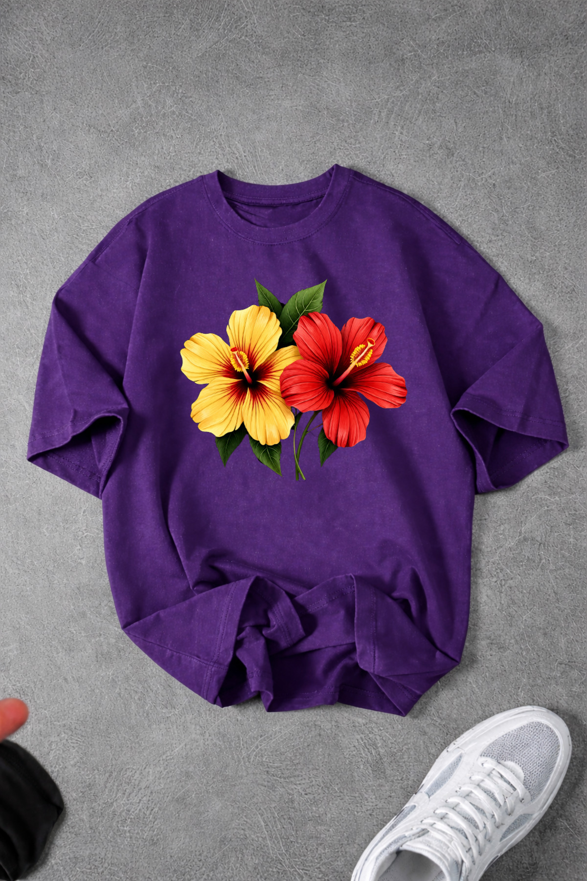 Women's Flower Custom Printed Oversize Zero Neck Combed Cotton T-Shirt