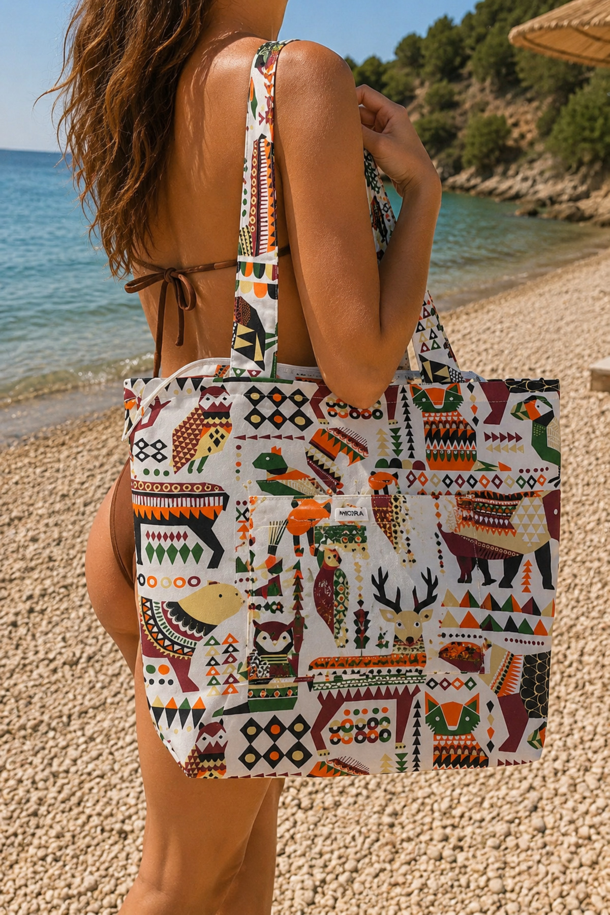 MIORA BAG Etnik Figür Desenli Ön Cepli Plaj Çantası- Duck Kumaş görsel 4