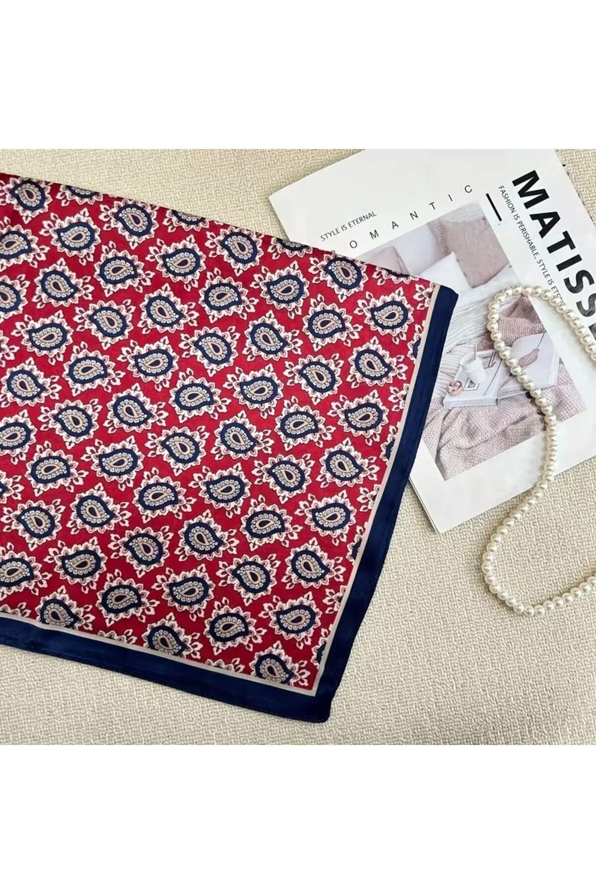 Mavero Kadın Bordo Lacivert Şal Desenli Rayon Fular 50x50 cm İpeksi Yumuşak Saç Çanta Aksesuarı görsel 2