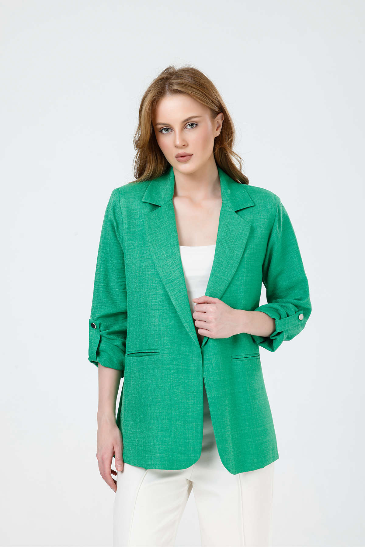 MD trend  Kadın Kolu Katlanabilir Astarlı Kruvaze Blazer Keten Ceket - Görsel 4