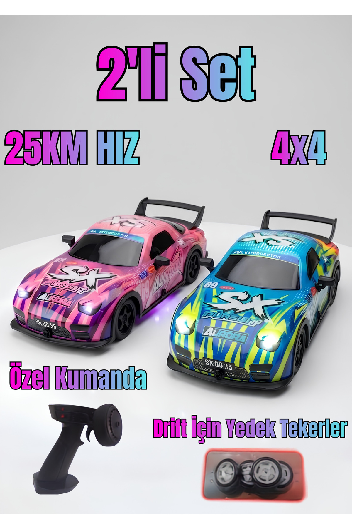 Remote Control Car 2-Piece Set 4x4 Drift Vehicle with Rechargeable Light 25km/h 1:22