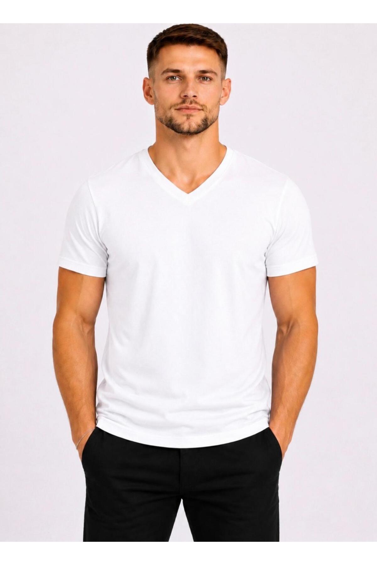 Men's White Cotton V-Neck Short Sleeve T-shirt-d804