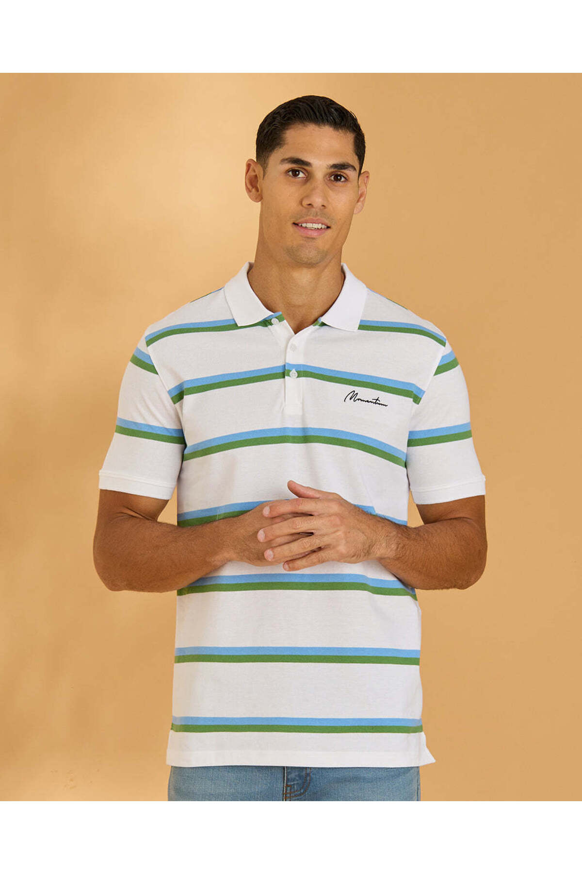 REDTAG Men White and Green And Striped Polo Shirt