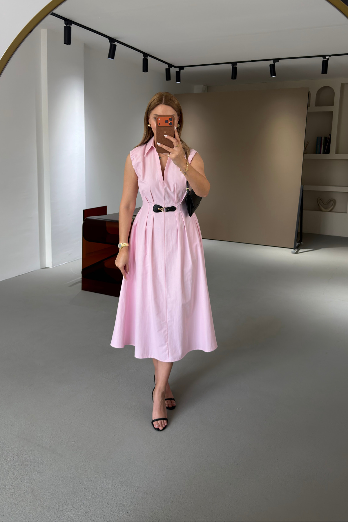 Sezgi Tekin Belt Detail Shirt Collar Pastel Pink Midi Poplin Dress