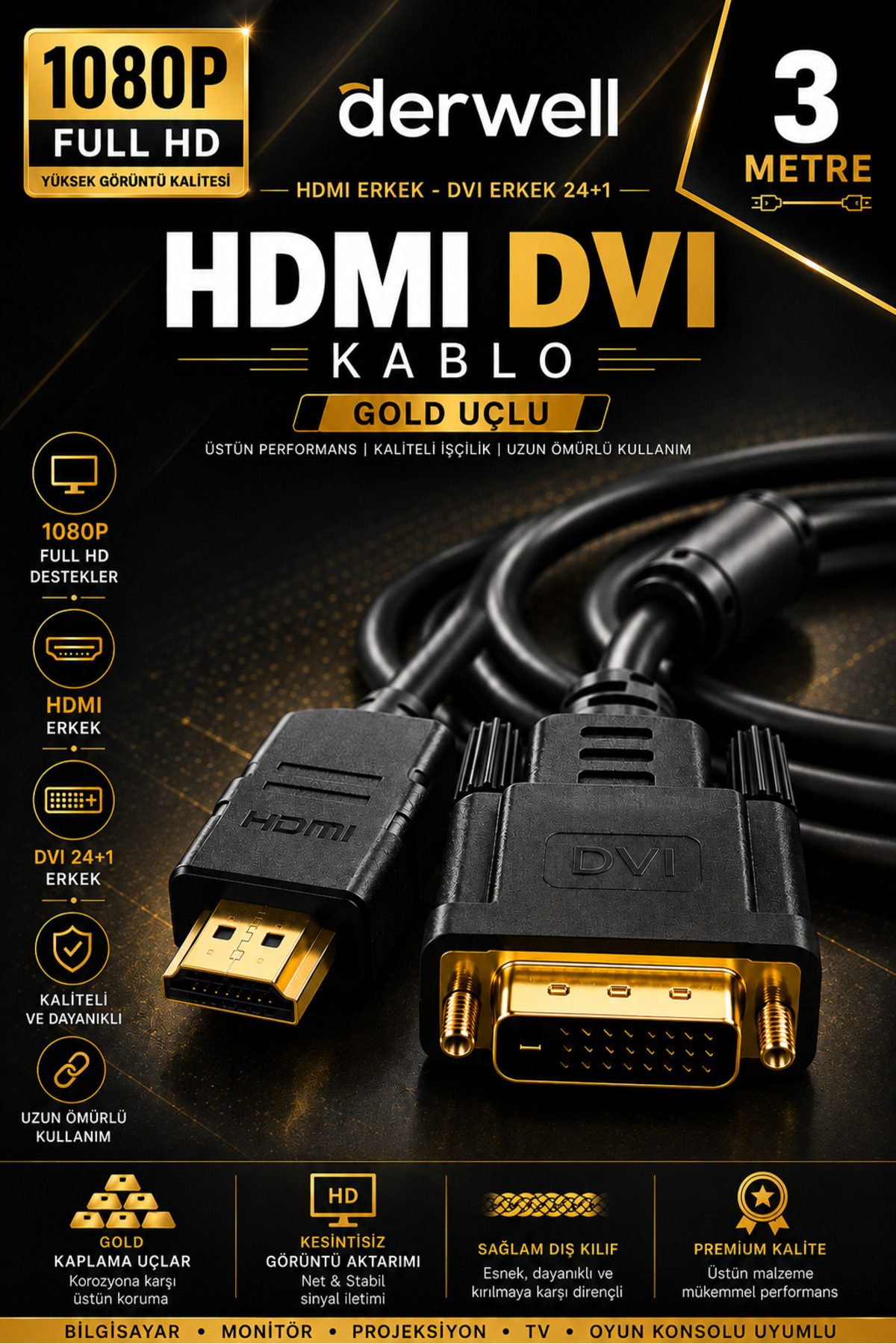 3 Metre HDMI DVI Kablo 24+1 Erkek Altın Uçlu 1080P Full HD Monitör Projeksiyon TV Bilgisayar Uyumlu Dayanıklı Örgü Kılıf Çift Yönlü Görüntü Aktarım Dönüştürücü Bağlantı Aparatı Aparat