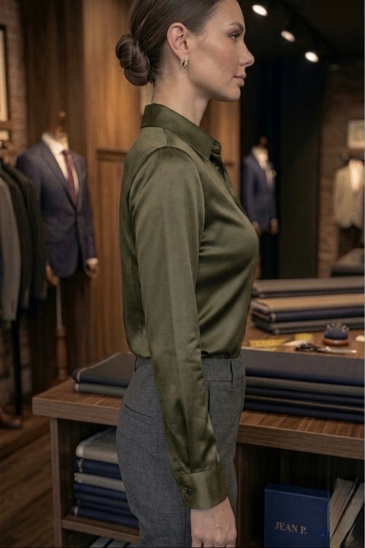 miremiran SATEN GÖMLEK gizli patlı rahat Kadın Slim fit SATEN HAKİ görsel 3