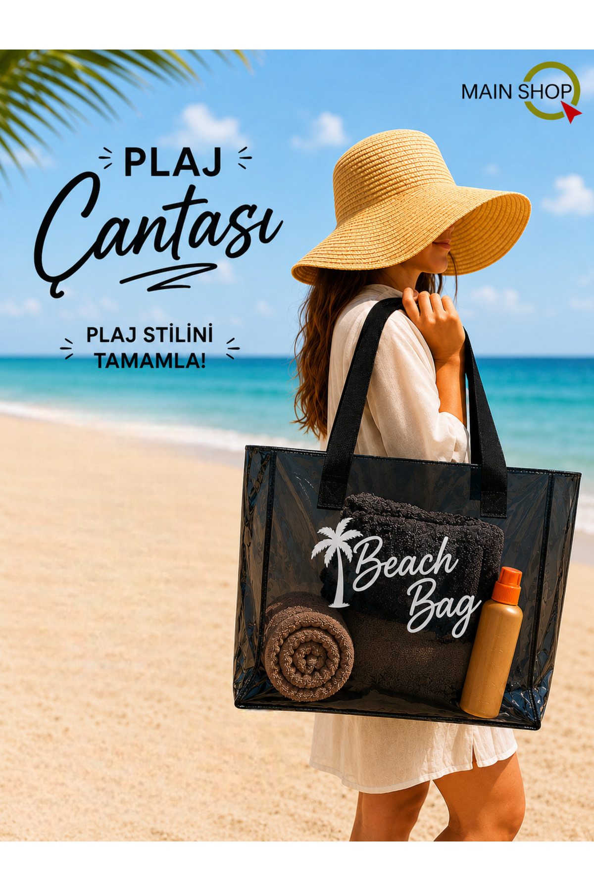MAİN SHOP Büyük Boy Beach Bag Siyah Şeffaf Deniz Plaj Çantası M-PLJ02 görsel 4