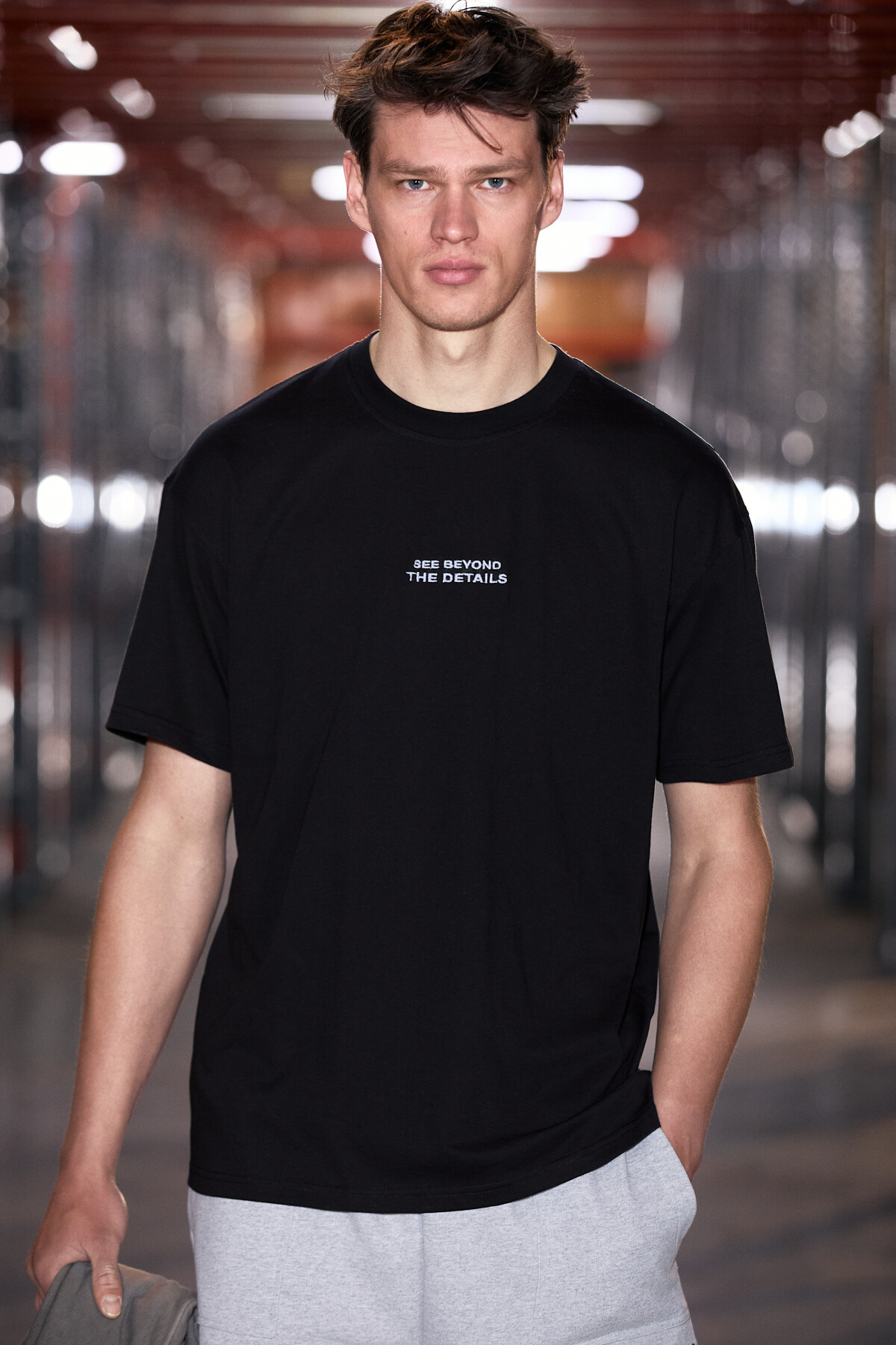 GRIMELANGE Vito Men's 100% Organic Cotton Embroidery Text Detail Oversize Loose Cut Short Sleeve Black T-Shirt
