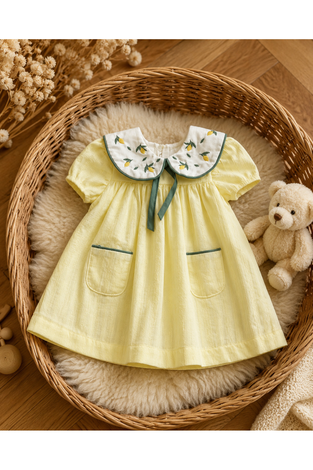Noy Noy Kız Bebek Limon Nakış Detaylı Bebe Yakalı Sarı Yazlık Elbise