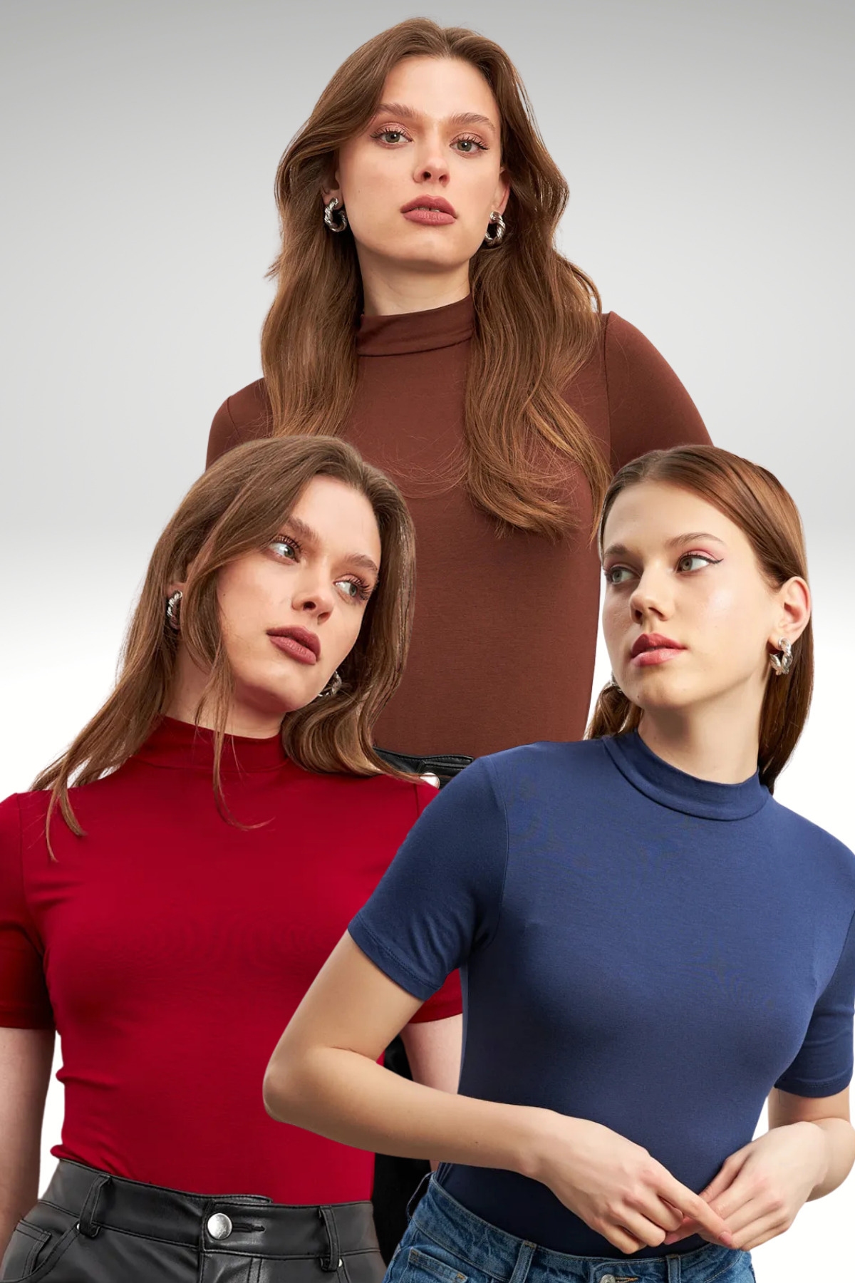 Women's 3-Pack Bitter Coffee Navy Blue Claret Red Short Sleeve Blouse