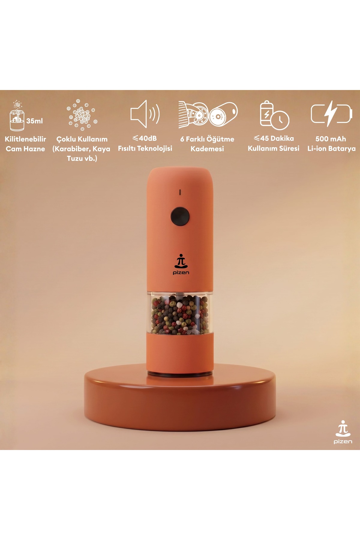 Pizen Windmill USB Type-C Şarjlı Otomatik Baharat Öğütücü LED